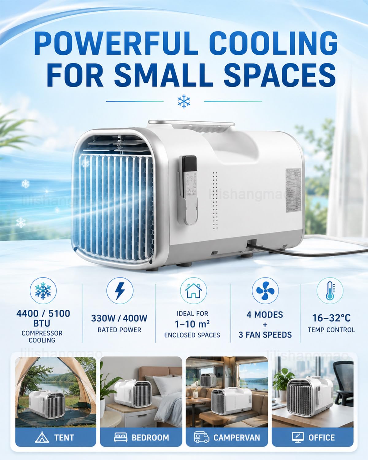 Klimatyzator do namiotu ze sprężarką, Chłodzenie, Osuszanie, Wentylator i Sen, 16–32°C, pilot i timer do przyczepy kempingowej, kampera i vana 1300W