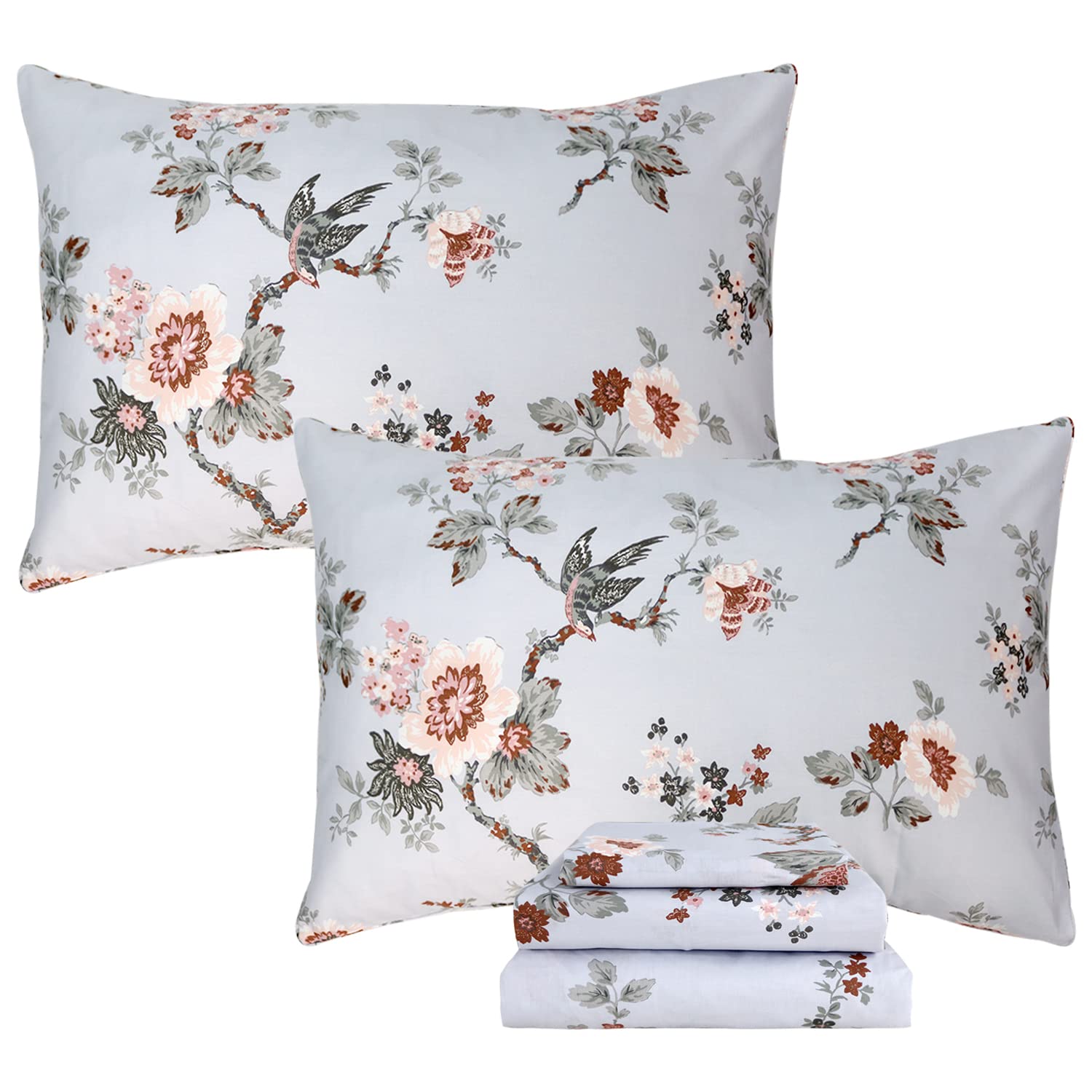 DaDa Bedding Grey Floral Paisley Fitted & Flat Sheet w/ Pillow Cases Set (FSFS8222)