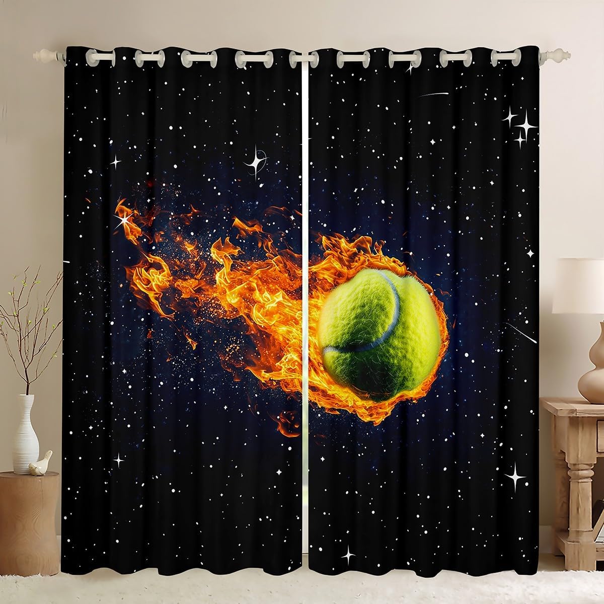 Castle Fairy 3D Tennis Ball Window Curtain,Realistic Flame Tennis Sport Theme Curtains for Kids Adult Room Decor,Window Treatment Curtain Dreamy Galaxy Sky Glittering Starry Window Drapes,52Wx96L