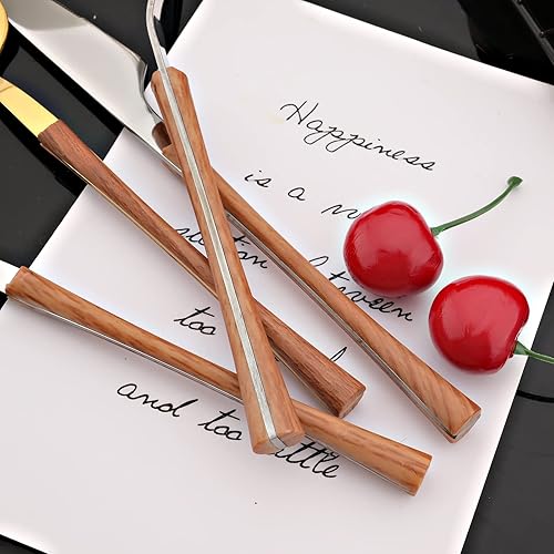 Miniatura 5 de JASHII Juego de cubiertos con mango de madera, juego de cubiertos de acero inoxidable de 20 piezas, pulido con espejo, juego de cucharas y tenedores