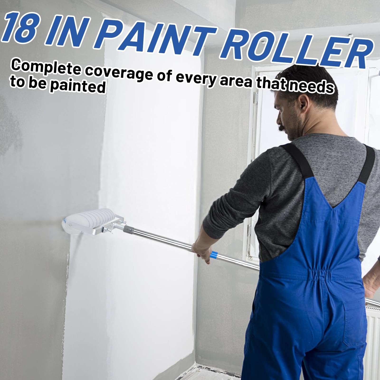 Kit de 12 rodillos de pintura de 18 pulgadas, bandeja de rodillo de pintura de 18 pulgadas, marco de rodillo ajustable de 12 a 18 pulgadas y poste de acero extensible grueso, mangas grandes para