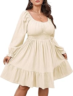 Plus Size Mini Cocktail Dress for Curvy Women Long Sleeve Sweetheart Neckline Ruffle Hem Smocked Flowy Fall Dresses