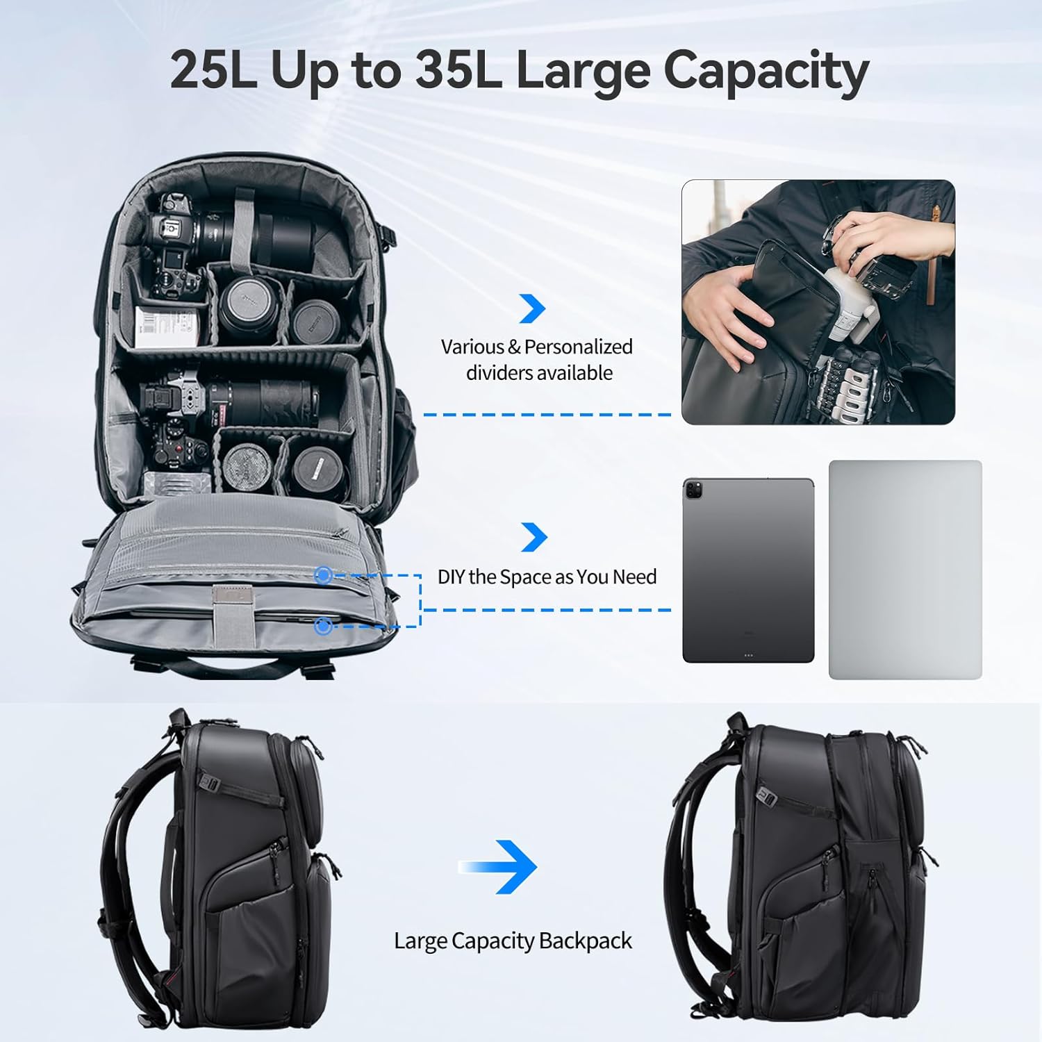 ULANZI BP10 Hardshell Camera Backpack 35L for DSLR Professional Photography Video Accessories Travel Tripod Strorage Large Splash-proof Hardshell Bag for Sony Canon Women Men w Tripod&Laptop Holder