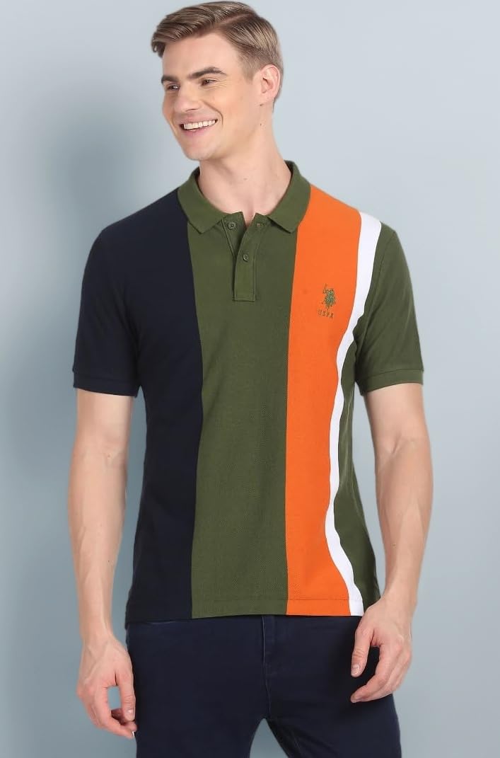 U.S. Polo ASSN. Men's Colour Block Pure Cotton Slim Fit Polo Shirt