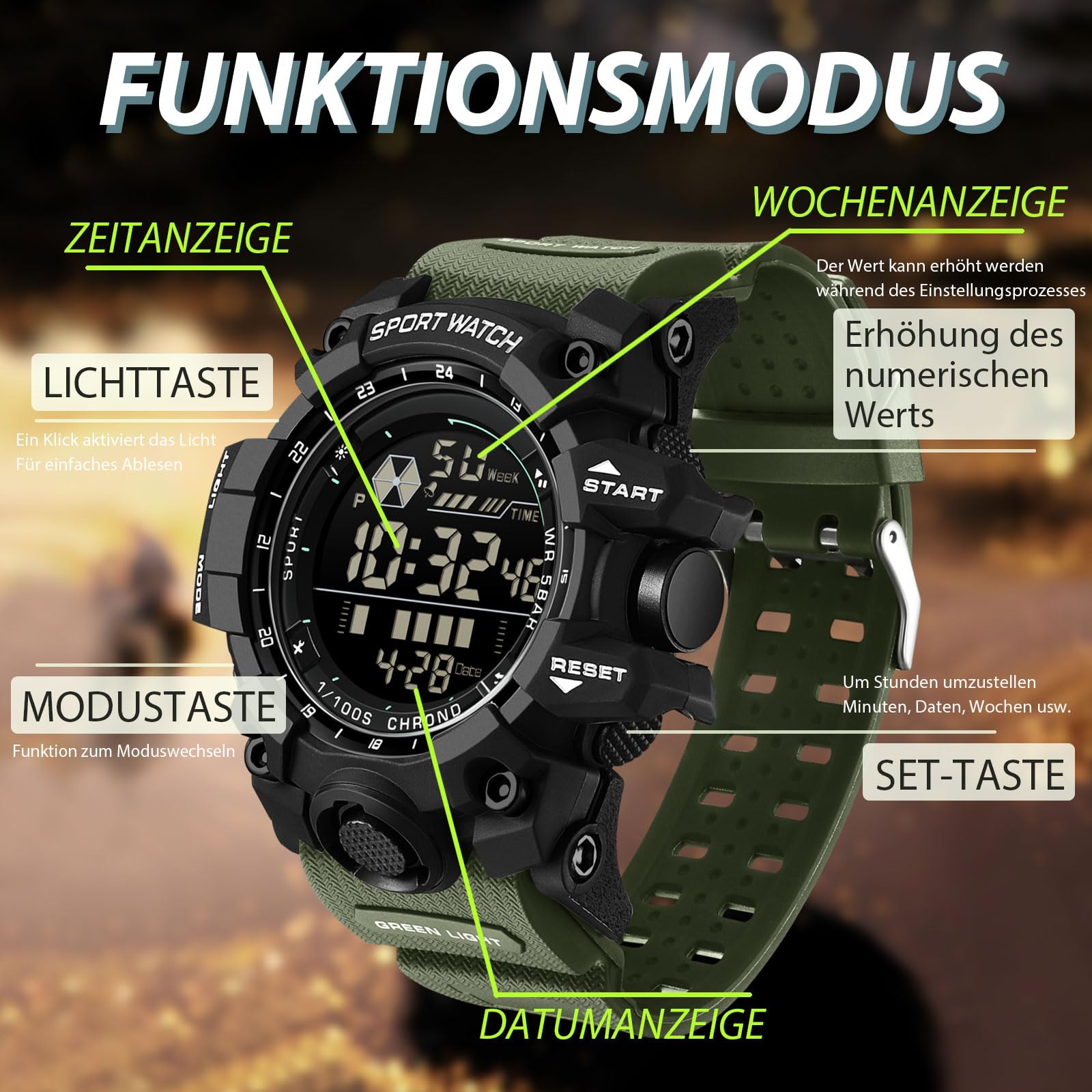 findtime Reloj de pulsera digital para hombre, resistente al agua, 5 ATM, resistente al agua, táctico, resistente con fecha, alarma, luz nocturna, resistente a los golpes