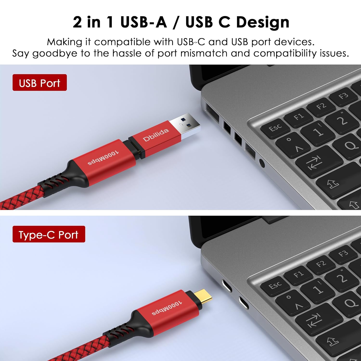 USB C to Ethernet Cable 15 FT - 2 in 1, USB A/C to RJ45 Cable, 1Gbps Braided Ethernet to USB C Cable, Type C to RJ45 Ethernet for Thunderbolt 4/5, MacBook Pro/Air, iPhone 16/17, XPS, Galaxy S24