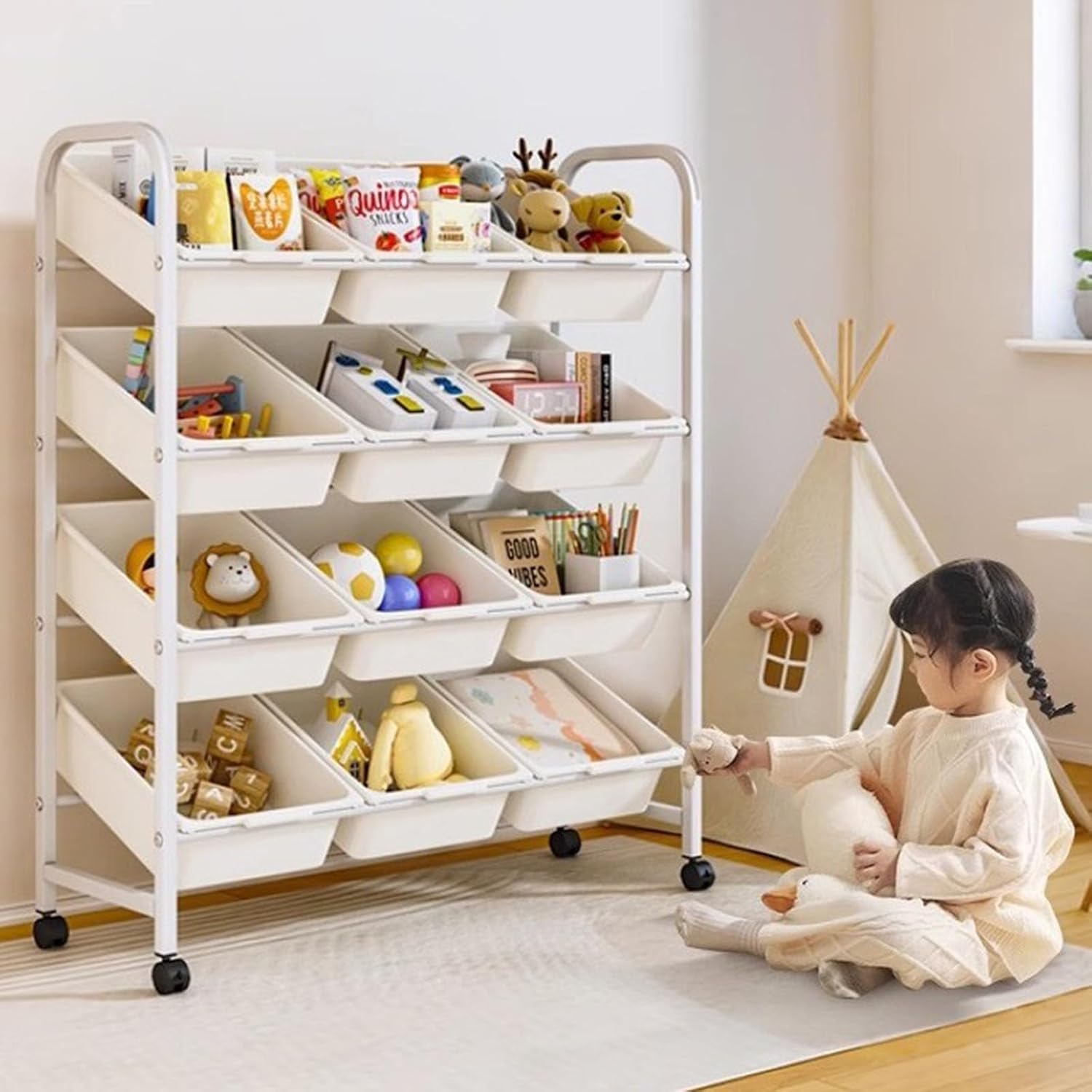 Kids Toy Storage Organizer with Wheels, Toy Storage Shelf Utility Rolling Cart Toddler Furniture for Bedroom Playroom Nursery(33 * 11.4 * 34.6in)