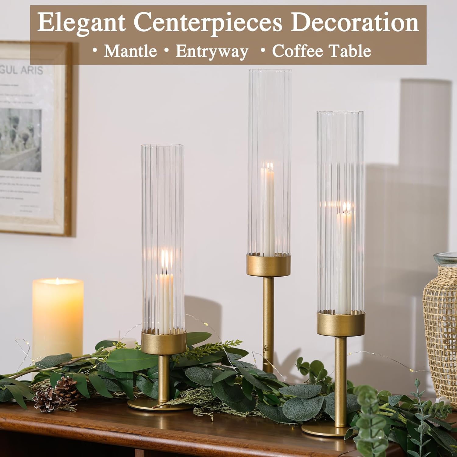 Volens Hurricane Glass Candle Holders Set of 6 Gold Taper Candle Holders with Ribbed Windproof Cylinder for 10'' Taper Candles, Wedding Table Centerpiece Home Decorations