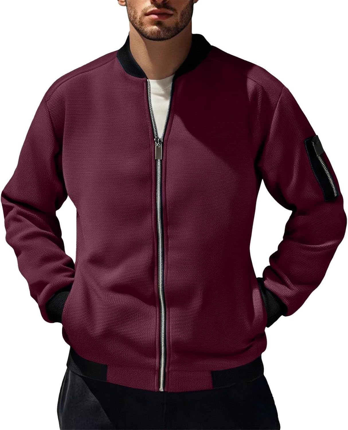 Mens Zip Up Cardigan Sweater Slim Fit Casual Full Zip Sweaters Knit Stand Collar Cardigans with 2 Front Pockets