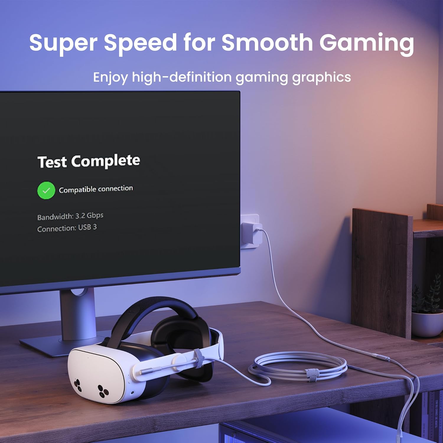 KIWI design K4 Head Strap, VR Headset Accessories for Meta Oculus Quest 3/3S and Link Cable with Charging 16FT