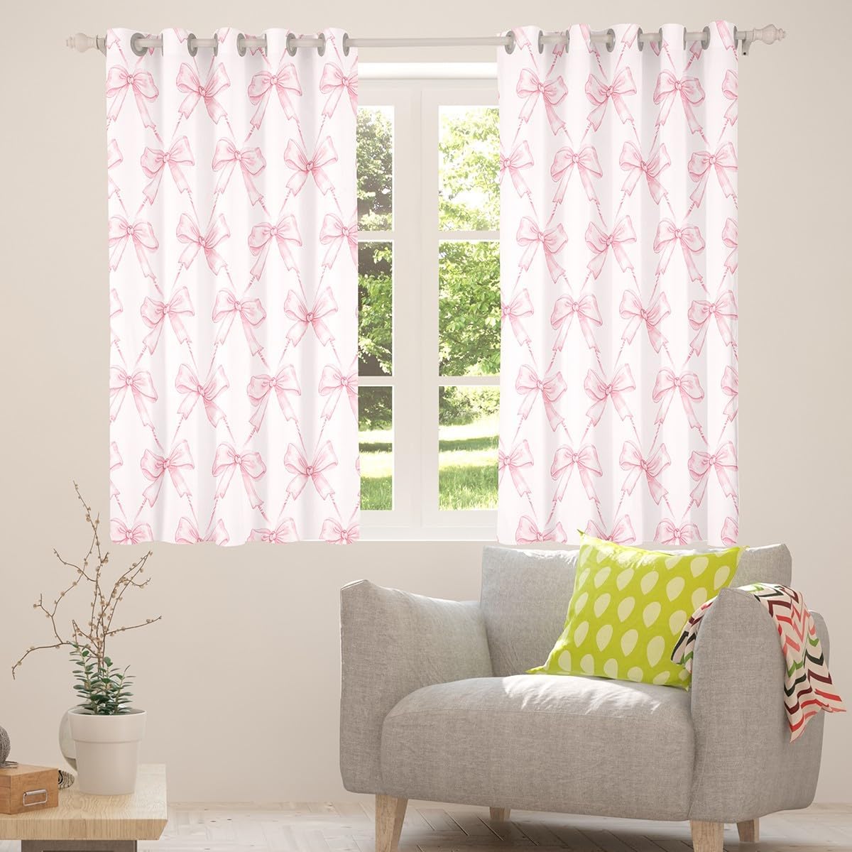 Feelyou Bow Curtains for Bedroom Living Room (2 Panels, 42 x 90 Inch) Pink Girls Bow Room Darkening Blackout Curtain Boys Girls Cute Bowknot Blackout Curtains Kawaii Window Treatments