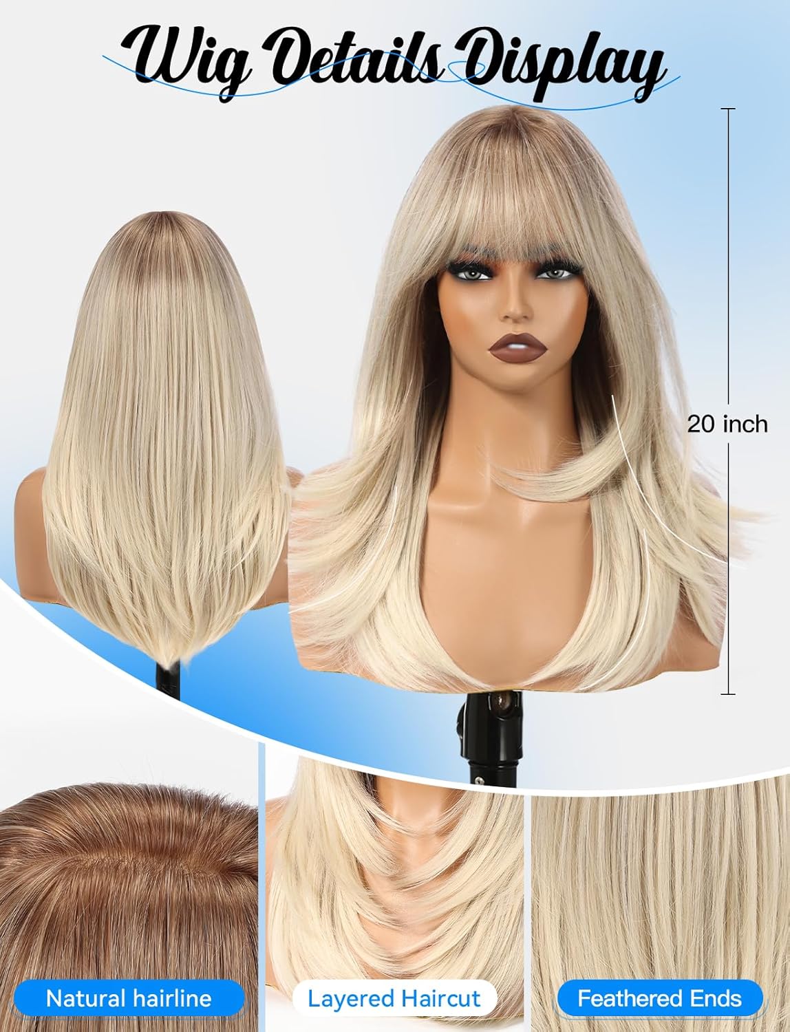 HAIRCUBE Layered Platinum Blonde Medium Long Straight Synthetic Wigs for Women with Bangs Heat Resistant Natural Look for Daily Use