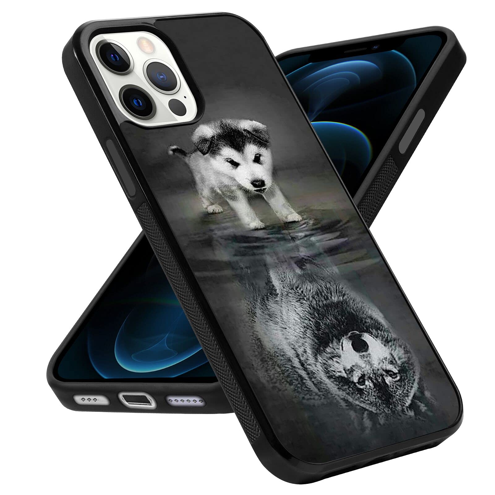 JINXIUSS Phone Case for iPhone 12 iPhone 12 Pro with Cute Dog Reflective Wolf， Black Slim Rubber Frame Full Body Protection Cover Case for iPhone 12 iPhone 12 Pro， Drop Protection