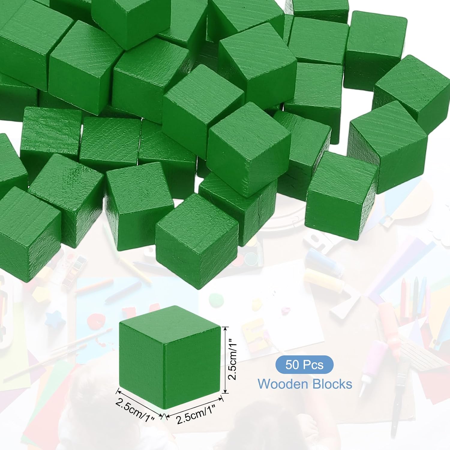 uxcell 50 Pcs Wooden Blocks, 1 Inch Square Natural Wooden Block Unfinished Wood Cube for DIY Craft Art Project Painting Decoration, Green