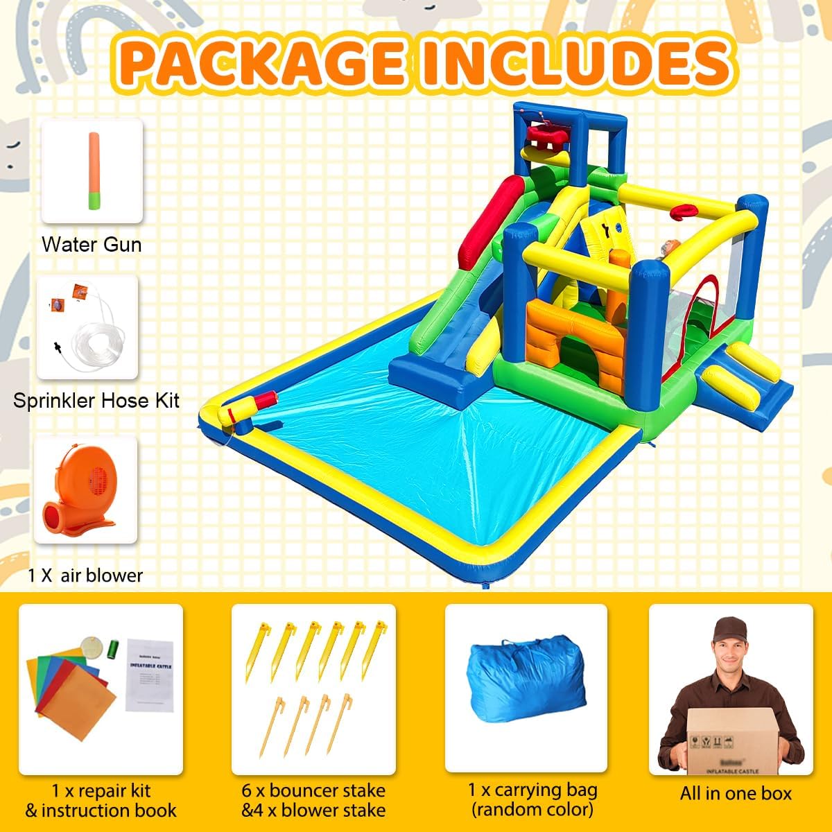 Baralir Upgrade 14.3x13.5FT Inflatable Water Park & Bounce House with Large Splash Pool, Long Slide, Climbing Wall, Basketball Hoop, Craw-Through Hole and Tunnel for Endless Summer Fun