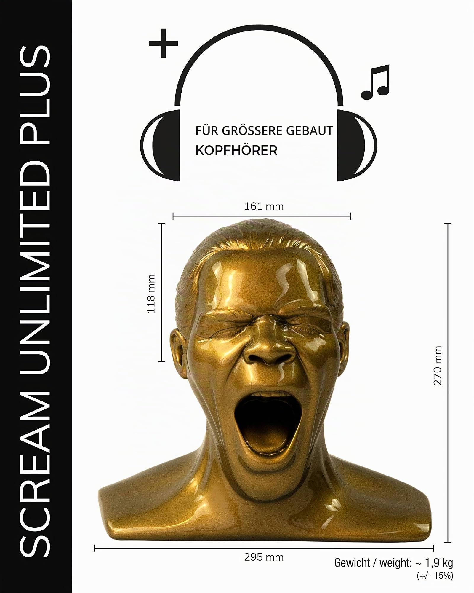 OEHLBACH Scream Unlimited Plus - exklusiver Kopfhörerständer in Form des legendären Oehlbach-Kopfes - Optimale Aufbewahrung von größeren Over-/On-Ear Kopfhörer (Made in Germany) Handmade - Gold