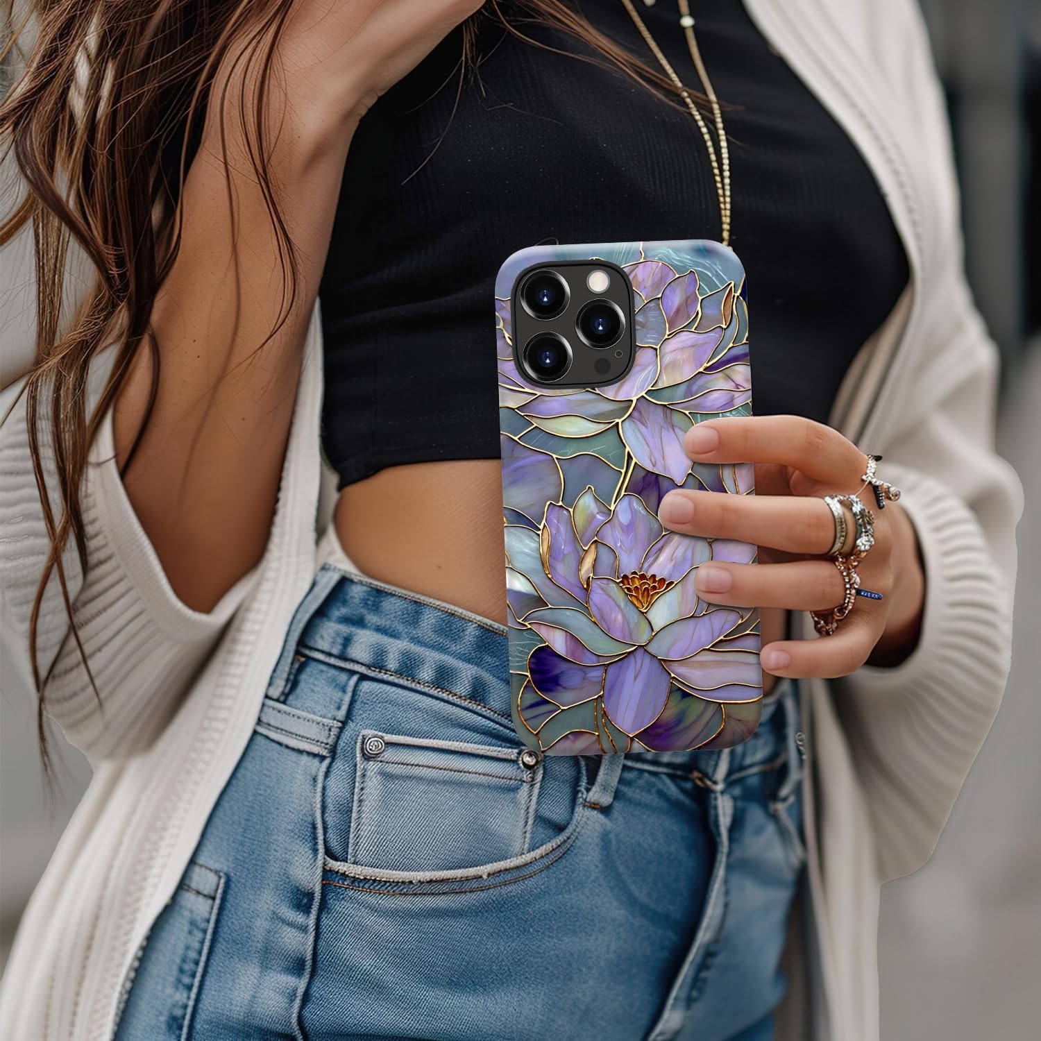 for iPhone 15 Pro Max Case - Wireless Charging Compatible - Dual-Layer Hard Shell + Silicone Cover - Shockproof Protective Phone Case with Stylish Designs for Women - Abstract Lotus - Image 4