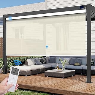 Motorized Outdoor Roller Shade with Remote Control, Light Filtering Electric Exterior Solar Shade Wind Resistant, Rechargeable Smart Sun Blind Custom Size (3% Openness Beige)