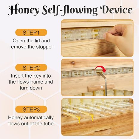 Bee hive,Starter Kit Include 7 Auto Frame Natural Wood Bee Hives Boxes with Observation Windows and Self-Flow Device