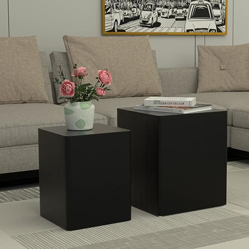 kevinplus Juego de 2 mesas auxiliares anidadas mesa auxiliar moderna negra de mediados de siglo mesa auxiliar para sala de estar mesa auxiliar de