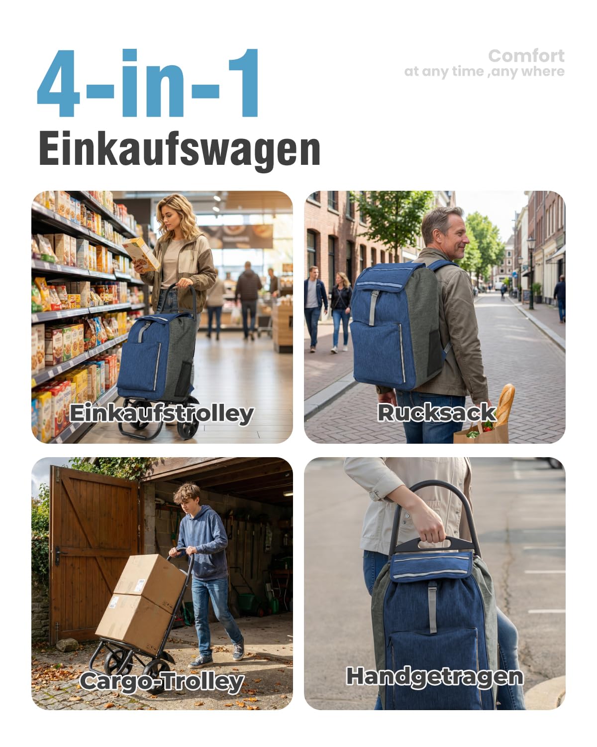 Homecall Einkaufstrolley Klappbar Einkaufswagen mit 55L + 5L kühlfunktion Bis 50KG, Einkaufstasche mit Rollen 3 in 1 Shopping Trolley & Sackkarre & Rucksack (Blau & Grau)