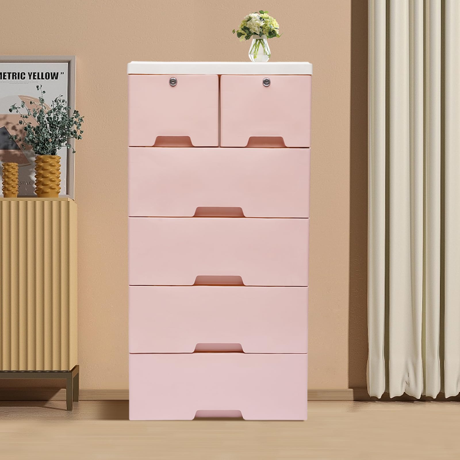 Cassettiera con 6 cassetti, 5 ripiani con serrature e 4 ruote, può essere utilizzata in camera da letto, soggiorno, studio, 50 x 35 x 102 cm, rosa