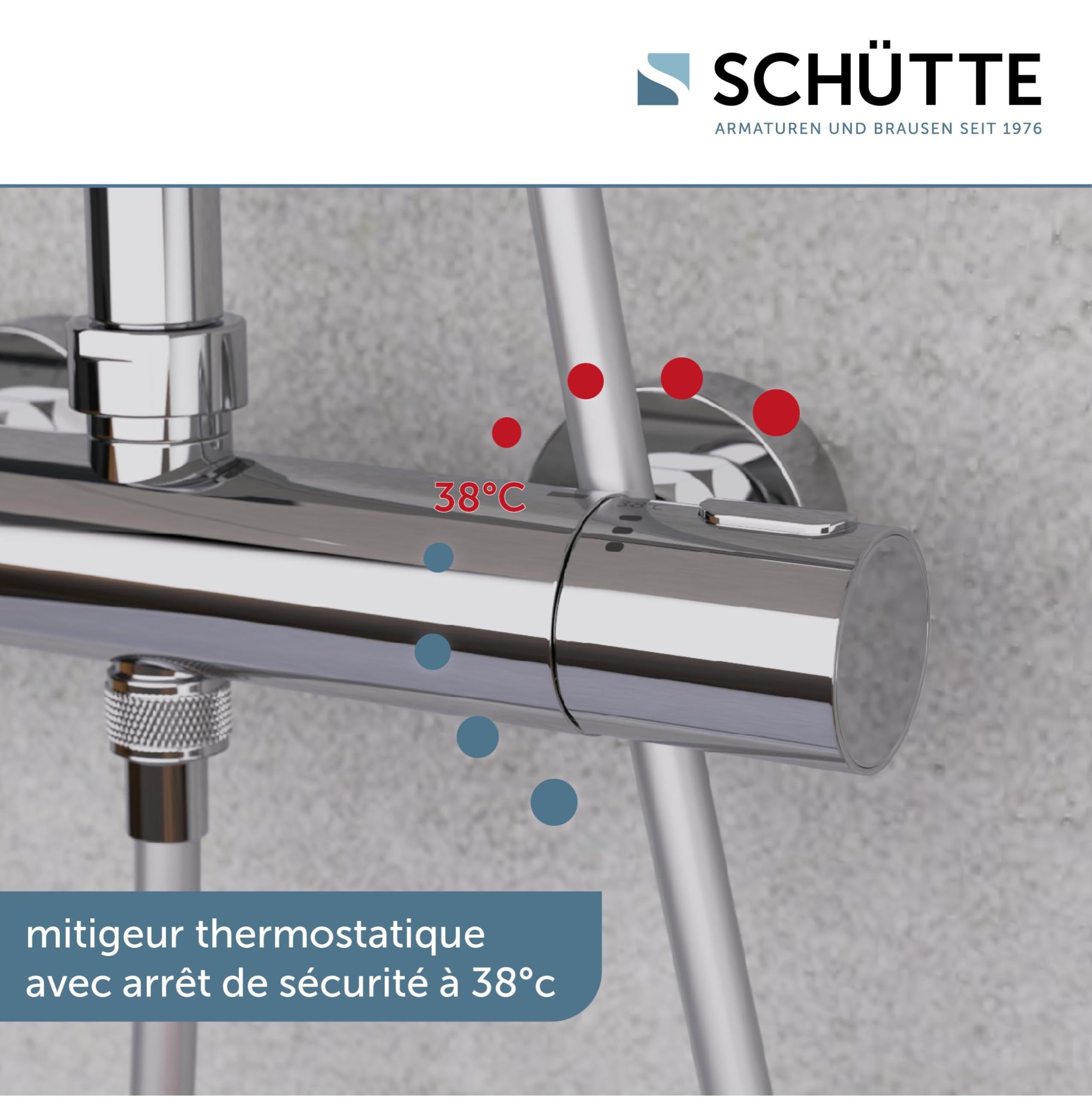 SCHÜTTE Aquaduct 60044 Système de douche avec thermostat, grande douche à effet pluie (Ø 25 cm) et douchette réglable, ensemble de douche avec barre de douche, douche avec robinetterie, colonne de