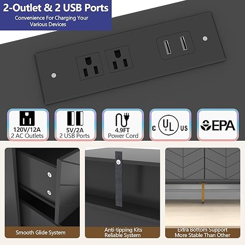 Miniatura 6 de Loomie Cómoda doble con 6 cajones con toma de corriente y luz LED, cómoda larga negra con compartimento de almacenamiento, soporte ancho de madera