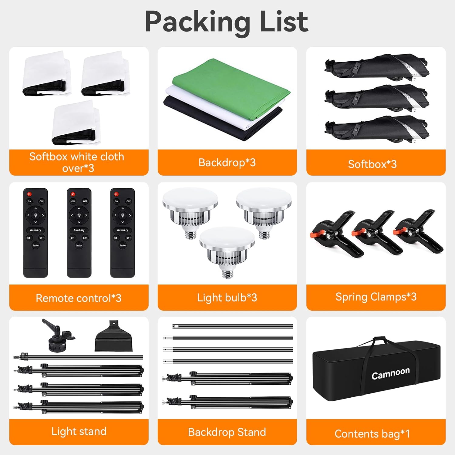 Softbox Lighting Kit, Camnoon Photography Kit wth 3 Softbox, 3 85W 2800K-5700K Bi-Color Temperature LED Light, 3 Backdrops, Boom Arm, Stand, Carry Bag, for Studio/Produktfotografie/Live Streaming