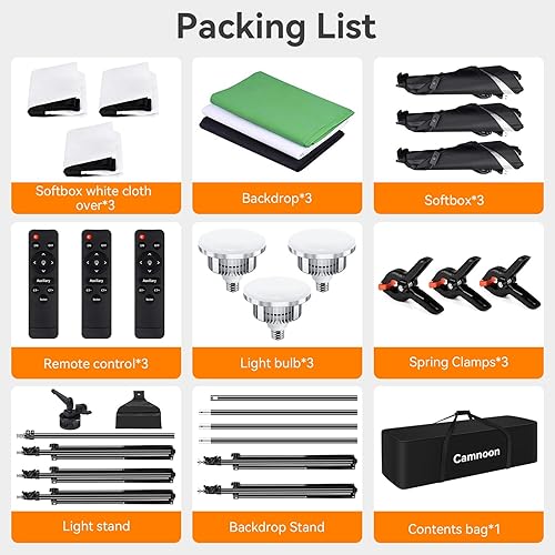 Miniatura 8 de Kit de iluminación Softbox, kit de fotografía Camnoon con 3 cajas de luz, 3 85W 2800K-5700K luz LED de temperatura bicolor, 3 telones de fondo,