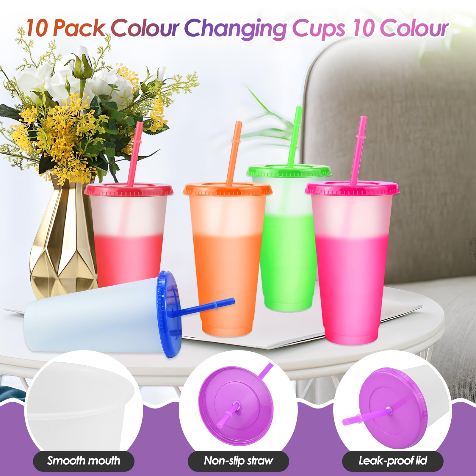 RAINPOP Iced Water Cups with Lids & Straws, 10Pcs 24oz Cold Drinking Tumblers Plastic Tumbler Set Reusable Plastic Cup - Image 3
