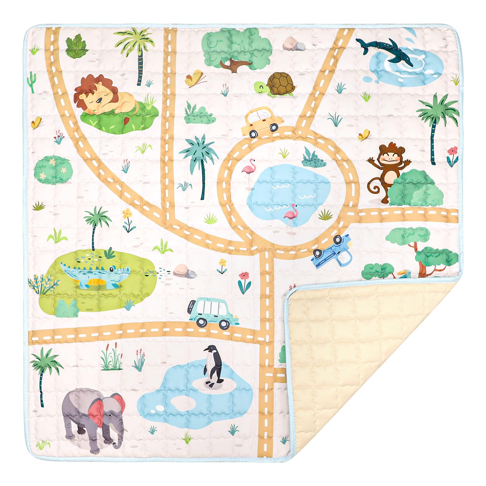 Baby Mat Non-Slip 50x50 for Floor, GFU Thick One-Piece Crawling Mat, Foldable and Machine Washable for Boys (Animals)