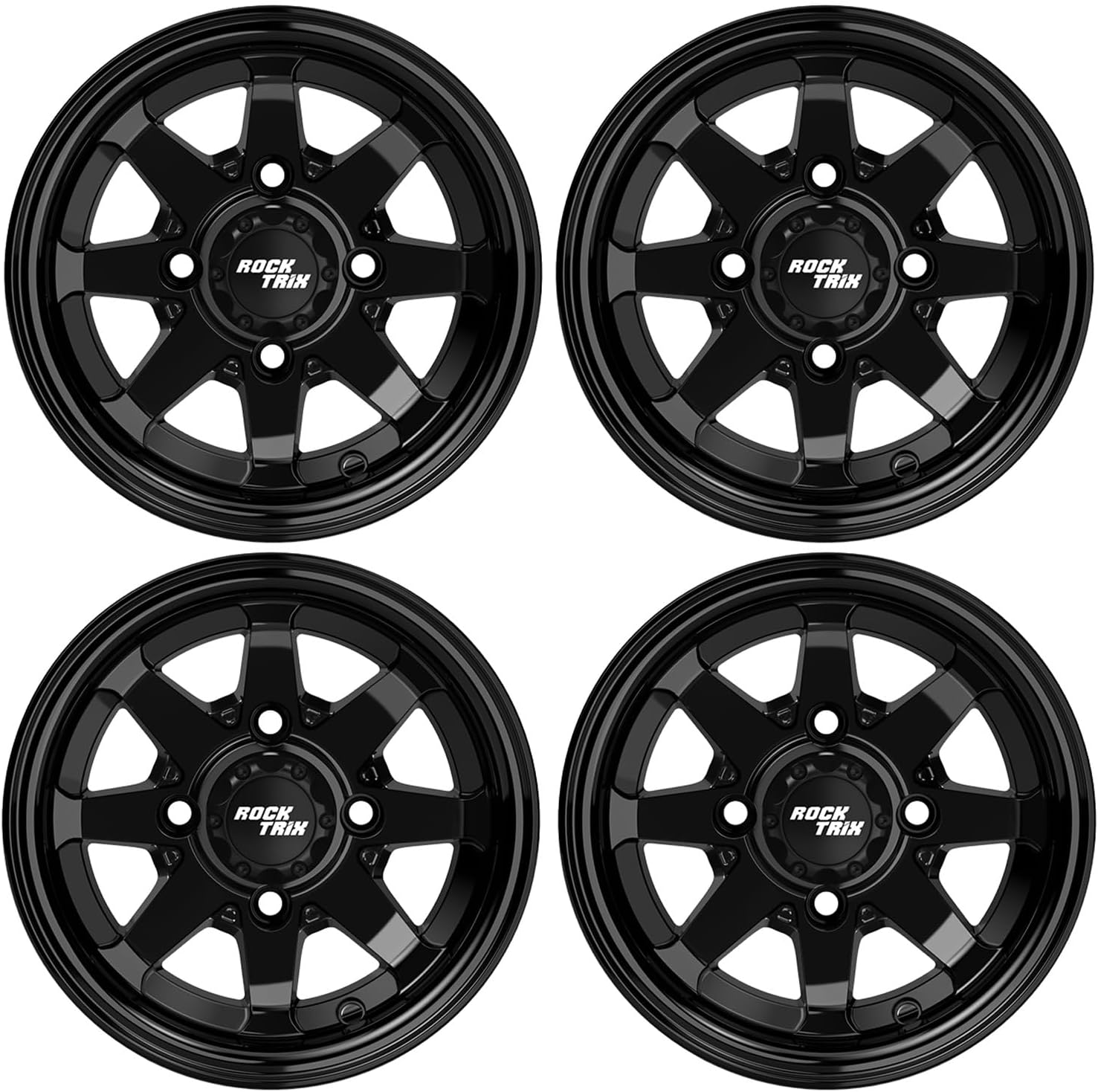 RockTrix RT102 10 inch Golf Cart Wheels, 10x7 Gloss Black Rims, Compatible with Club Car EZGO and for Yamaha Golf Carts, 4x4 4x101.6 Bolt Pattern, Set of 4