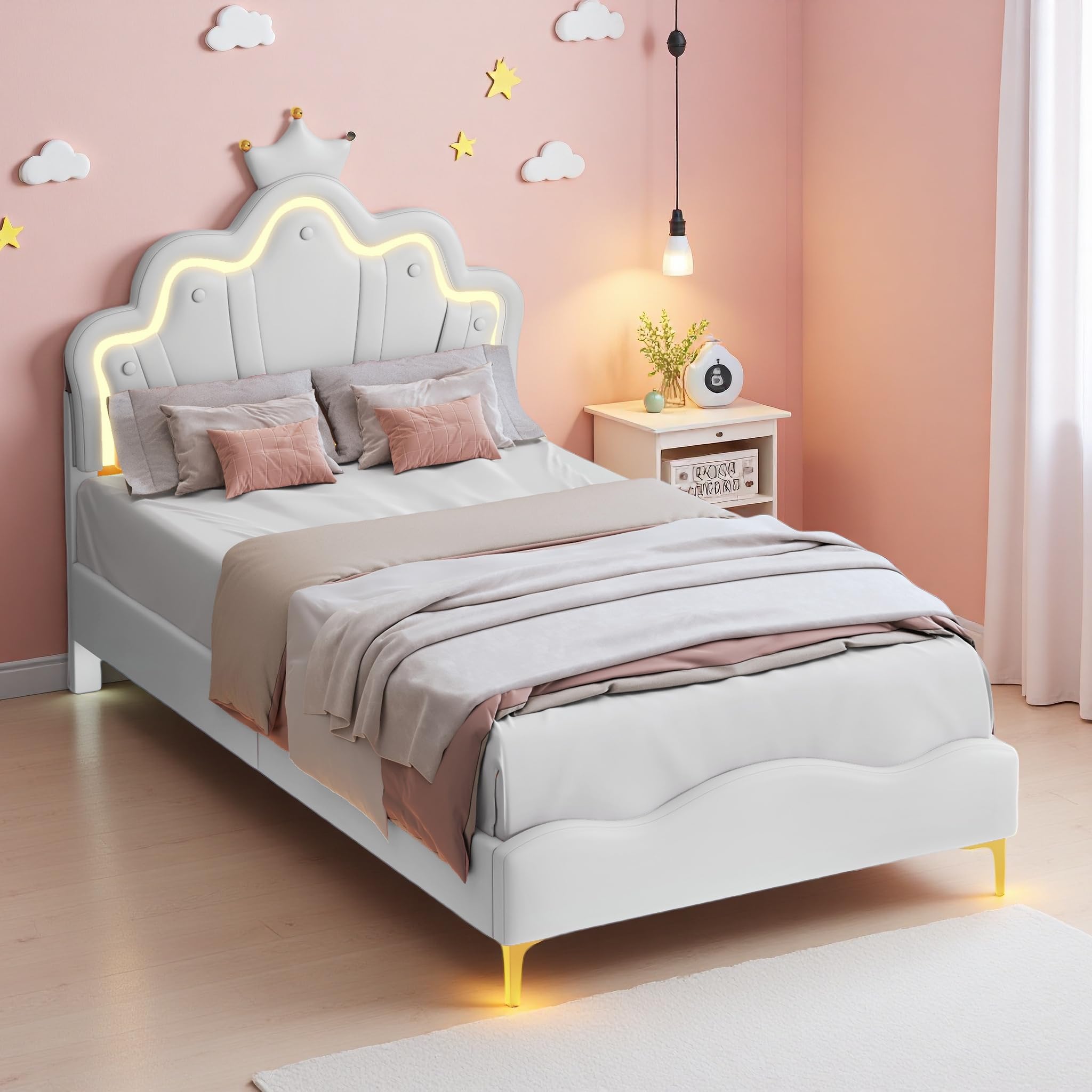 Lit princesse, 90 x 200 cm, avec bandes lumineuses LED, en forme de couronne, rembourré, en cuir synthétique, pour chambre de fille, lit de princesse blanc