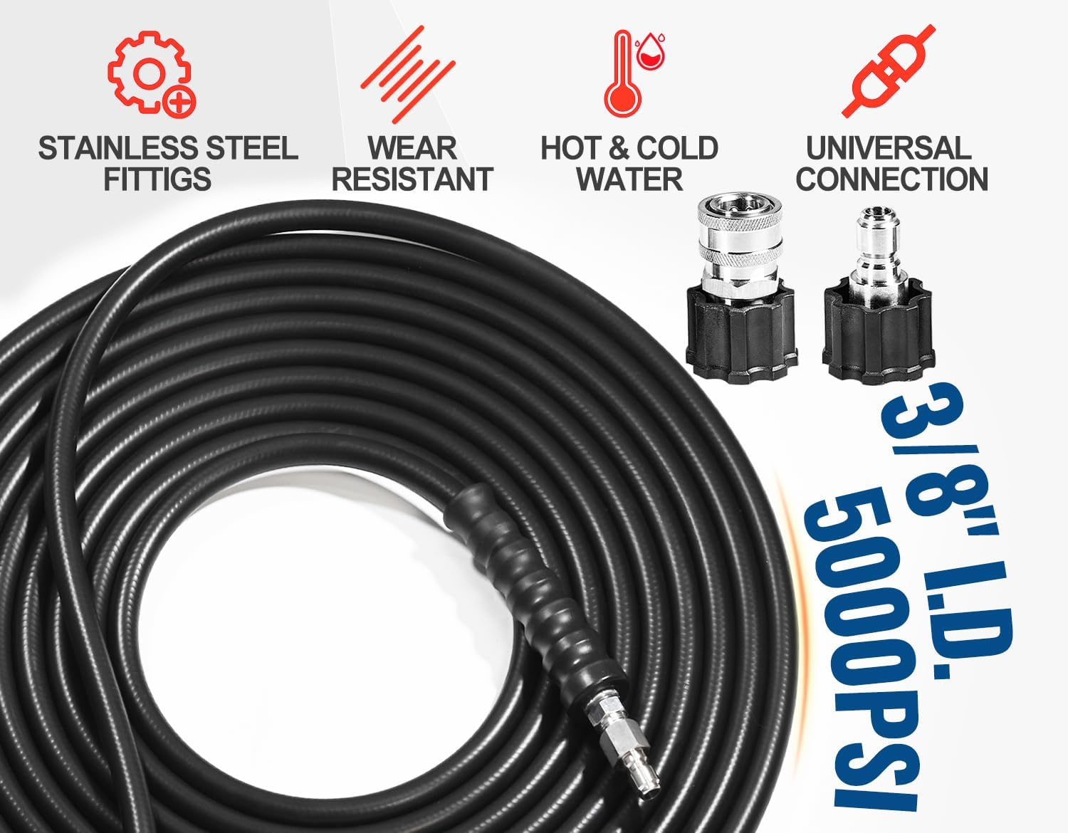 YAMATIC 3/8" Pressure Washer Hose 25FT – 5000 PSI Rubber Power Washer Hose Industrial-Grade, Steel Braided – Replacement Hose Stainless Steel, Compatible with Simpson, Craftsman, Honda, Ryobi