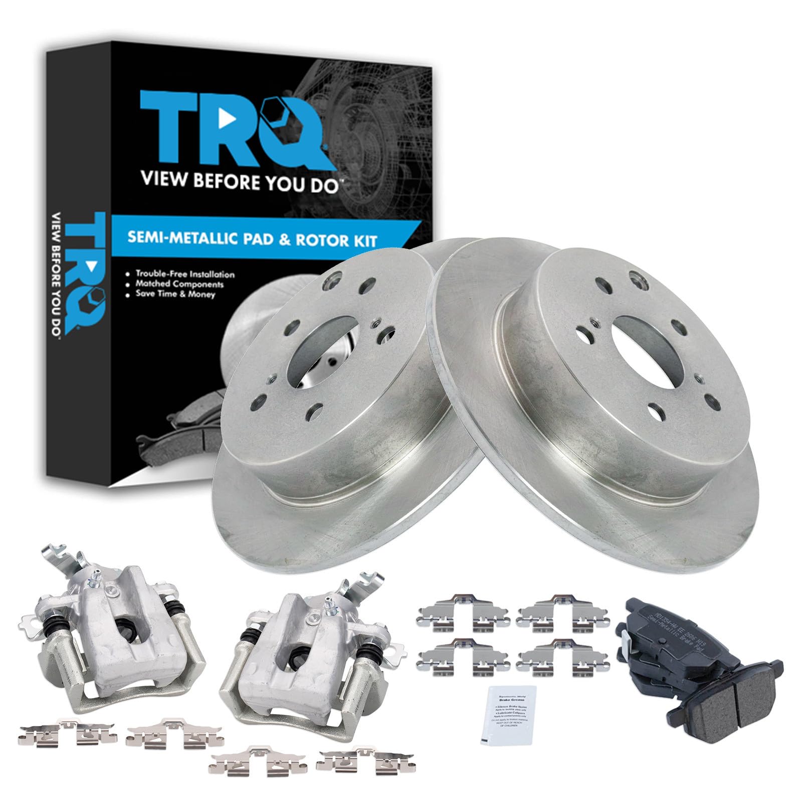 TRQ Rear Brake Pad and Rotor Set Semi Metallic Rotors Calipers Compatible with 2010 Toyota Matrix