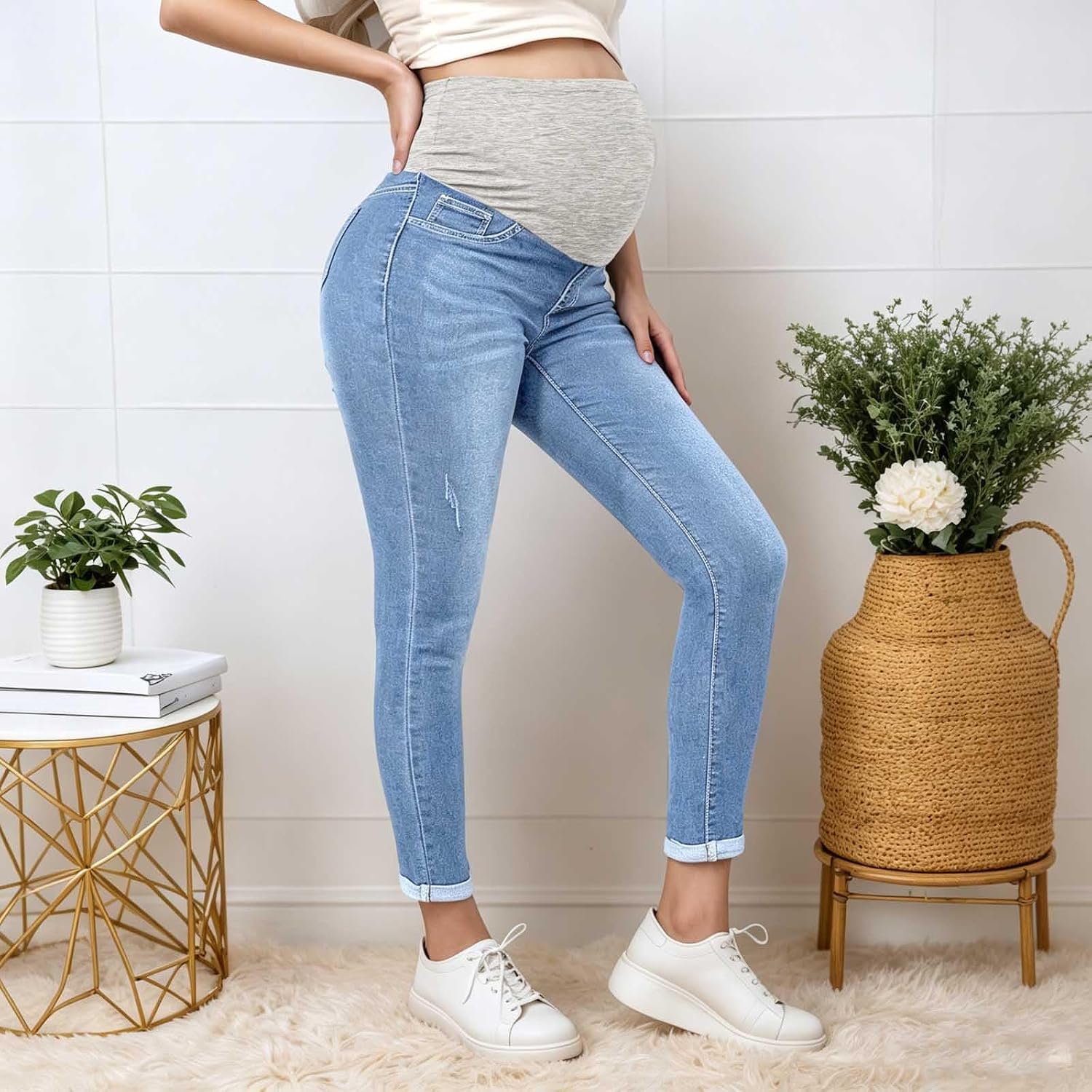 Maternity High Waist Over Belly Skinny Stretch Denim Jeans Pants