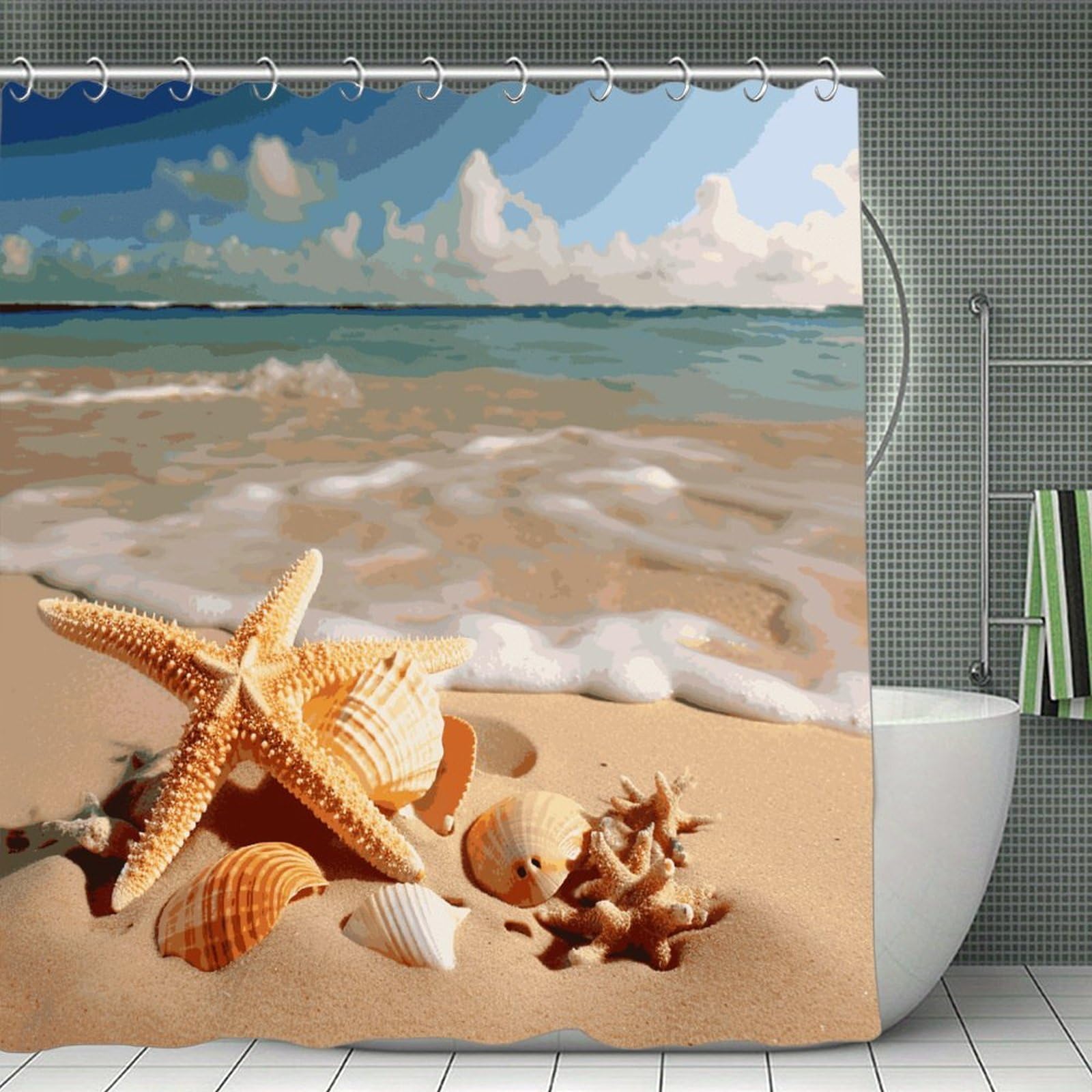 FekiLoot Seashells Starfish on Beach Shower Curtain Minimalist Thick Bathroom Curtain Washable Modern Bathroom Shower Curtain Heavy Duty Waterproof Cloth Bath Curtain with Hooks 70.8"x70.8"