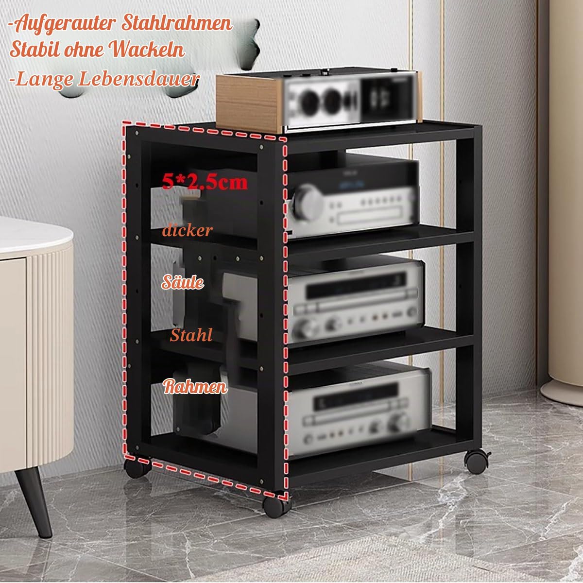 audio rack hifi regal Stereo-Audio-Medienschrank mit 5/6/7 Ebenen for Wohnzimmer, Büro, Heimkino, beweglicher Video-Rack-Turm, DVD-Plattenspielerständer, Lautsprecherverstärker, Spielkonsolen, Platten