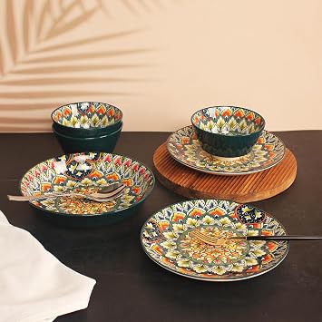 YA JU Mandala Dinnerware Sets (12 Pcs) Serves 4, Buffet Dinnerware, Boho Plates and Bowls Dish Set with 8 salad Plate 8 Dessert Plate 4.8 bowl, apply Casual dining Indoor Outdoor Dining Party