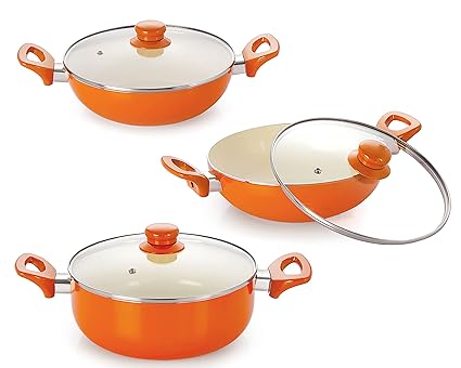 NIRLON 4 Layer Coated Ceramic Non-Stick Induction Pots 6 Pieces Combo Cookwares Gift Set (2 Piece Kadhai/Wok, Casserole/Pot, 3 Glass Lid) Orange Colour - Set of 6 pcs