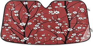 Red Cherry Tree Car Windshield Sun Shade Japanese White Flower Floral Anime Blossom Foldable UV Ray Sun Visor Protector Sunshade to Keep Your Vehicle Cool (55" x 27.6")