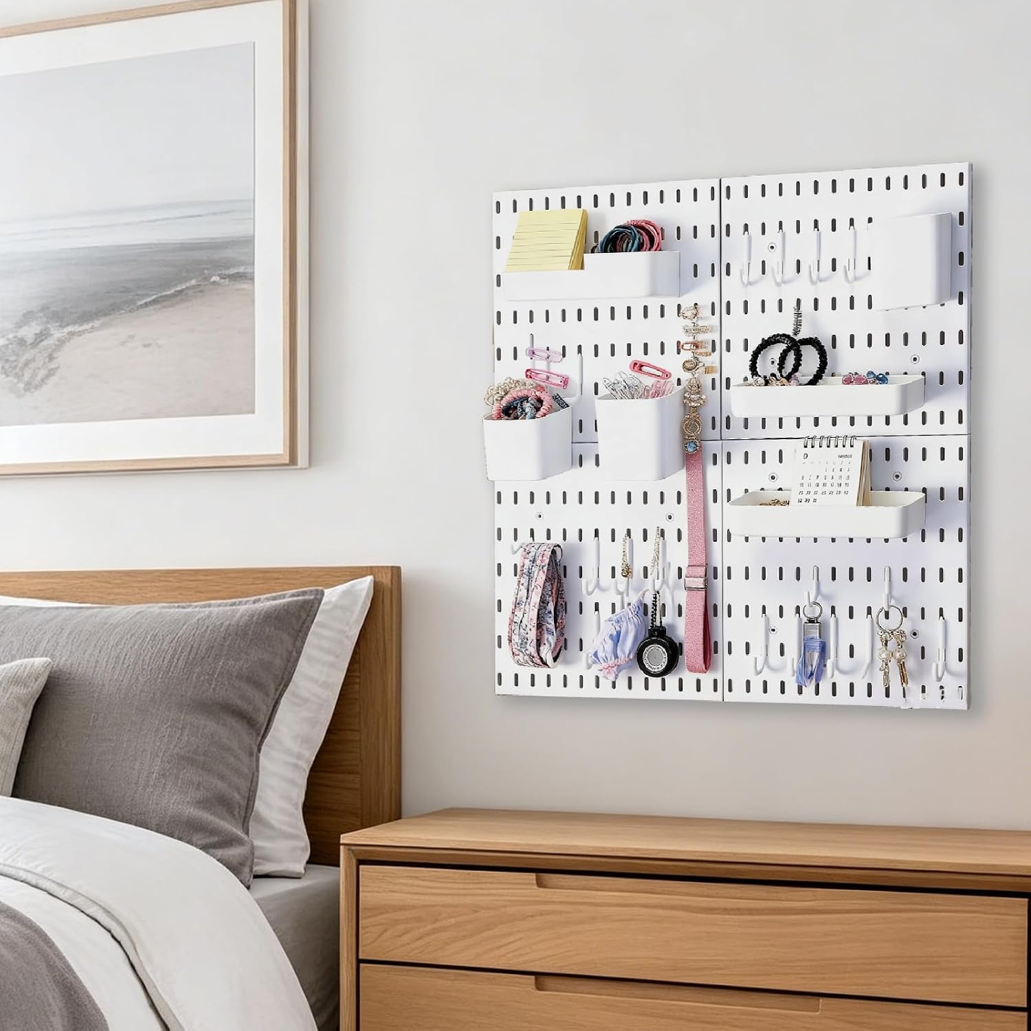4 Pack White Plastic Pegboard Wall Shelf Organizer with Modular Storage | 4pcs Peg Board and 26 pcs Modular Hanging Accessories, Pegboard Display Stand for Kitchen,Home，Desk,Office,Room,Bathroom