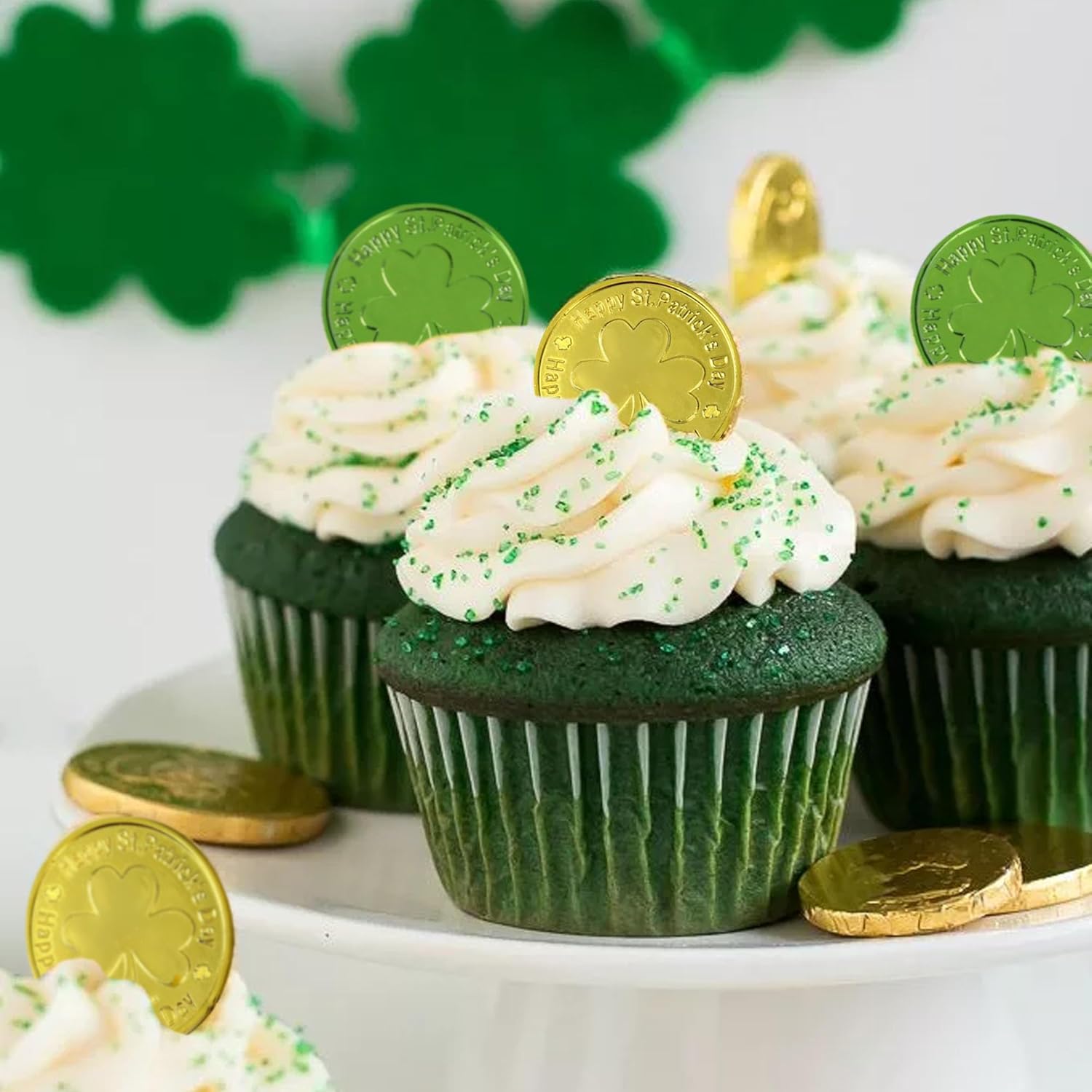 St Patricks Day Gold Coins, 60 Pack Gold and Green Lucky Coins, Plastic Shamrock Leprechaun Coins for St. Patrick's Day Irish Party Supplies Decorations