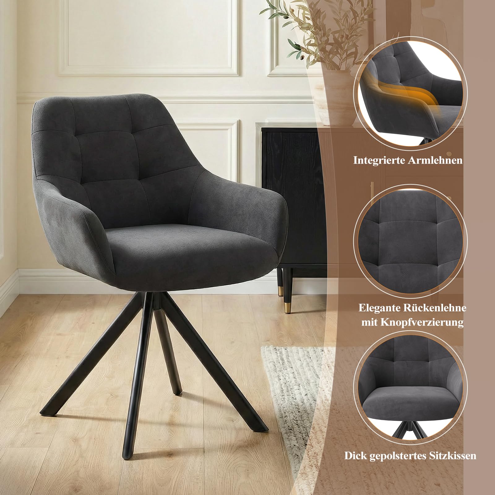 COLAMY Drehbare Esszimmerstühle 2er Set, Küchen Esszimmerstühle Drehbar mit Armlehne, Armlehnstuhl Drehbar mit Rückenlehne für Esszimmer, Stühle aus Weichem Florstoff mit Metallgestell für Küche, Grau