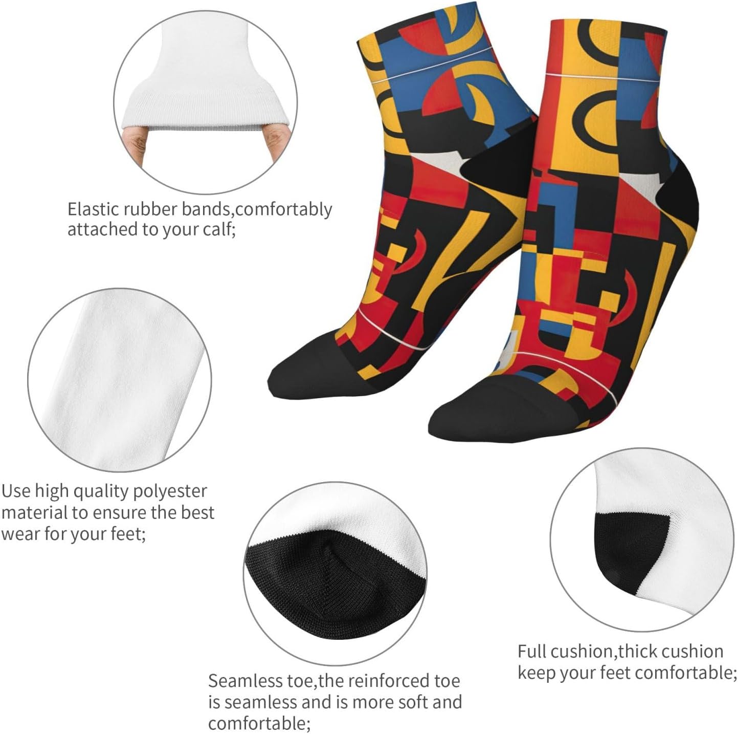 SSIMOO Composition In Red Yellow Blue And Black Print Sporty Straight Tube Socks For Running Enthusiasts,Breathable And Fashionable