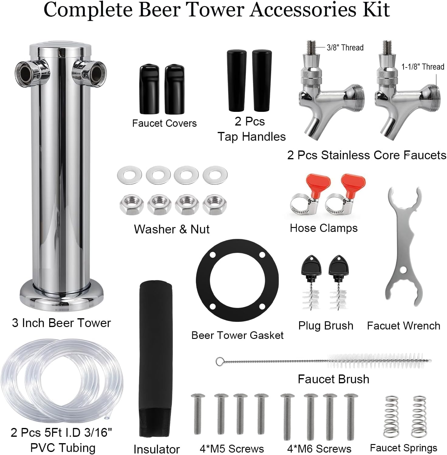 MRbrew Kegerator Tower Beer Tap Tower Dispenser Dual Faucet Beer Tower Draft Beer Dispenser Stainless Steel Keg Tap Tower 3'' Keg Tower Pre-assembled Line Beer Faucet Dispenser Kit For Home, Bar,Party