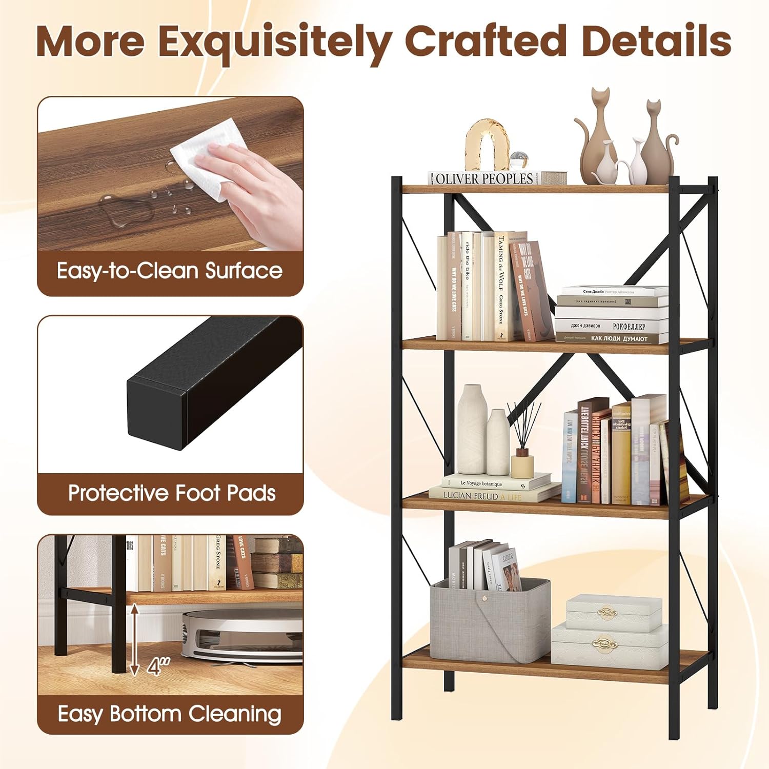 Giantex 4-Tier Bookshelf, Industrial Bookcase with Heavy-Duty Metal Frame, Modern Open Storage Book Shelf, Book Holder, Standing Shelving, Plant Display Stand for Living Room and Home Office, Walnut