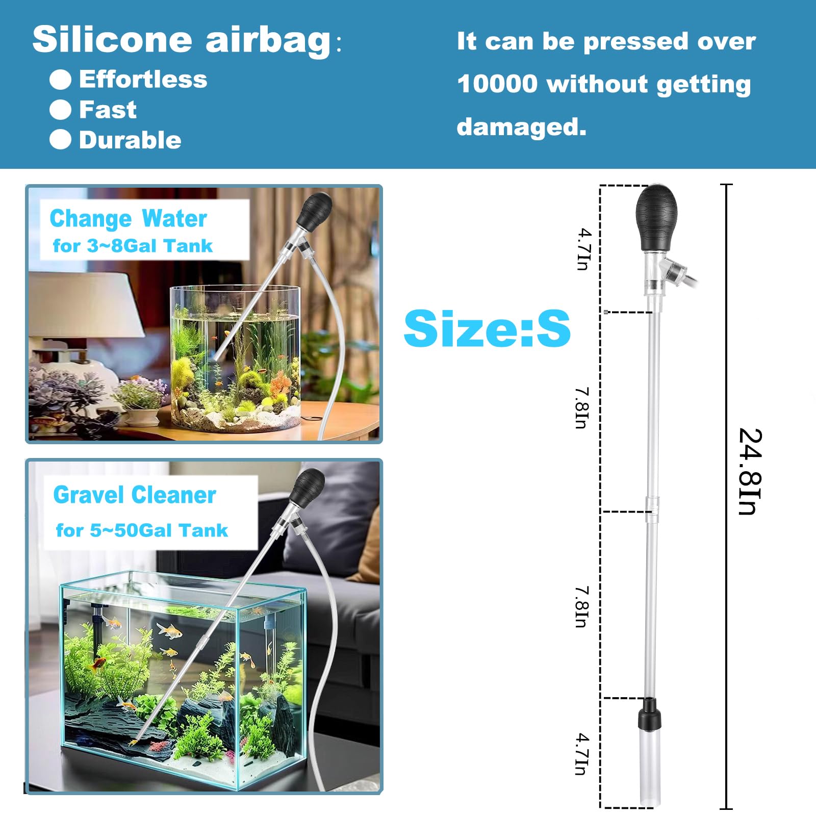 Carefree Fish Petit nettoyeur de gravier d'aquarium 1,8 m, changeur d'eau en silicone, airbag, longueur réglable ABS (pour réservoir de 1,8 à 2,9 l)