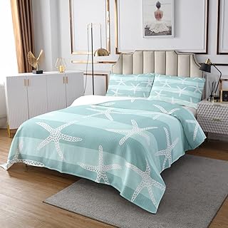 Ocean Bedspread King Size,Blue White Geometric Stripes Comforter Set 3pcs,Starfish Undersea Creatures Kids Boys Girls Bedding Set,Hawaii Sea Style Room Decor Quilt Set with 2 Pillowcases